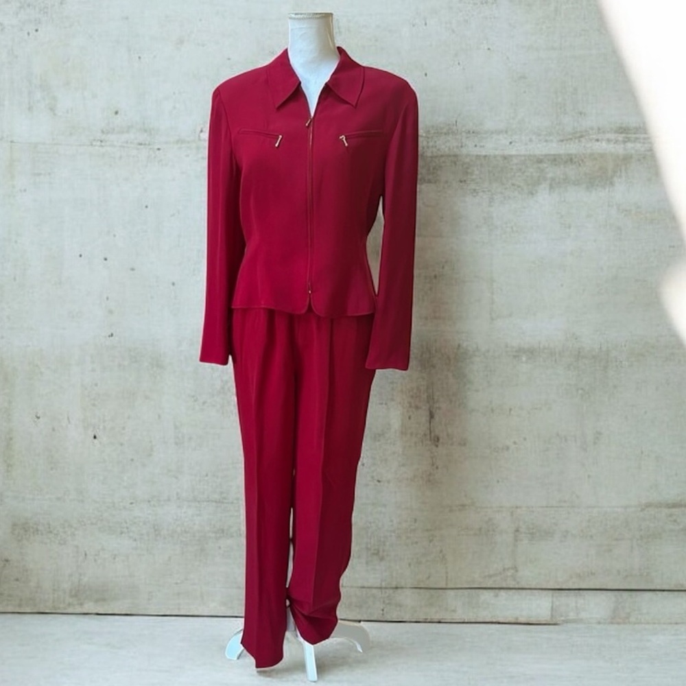 Vtg Y2K Allison Taylor NWOT Holiday 100% Silk Red Pant Suit Set Size Medium